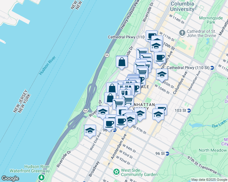 map of restaurants, bars, coffee shops, grocery stores, and more near 319 West 100th Street in New York