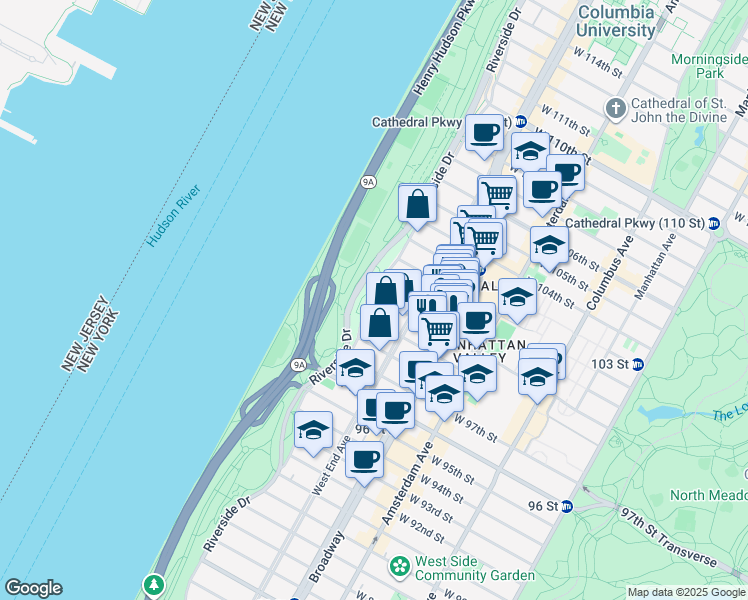 map of restaurants, bars, coffee shops, grocery stores, and more near 325 West 100th Street in New York