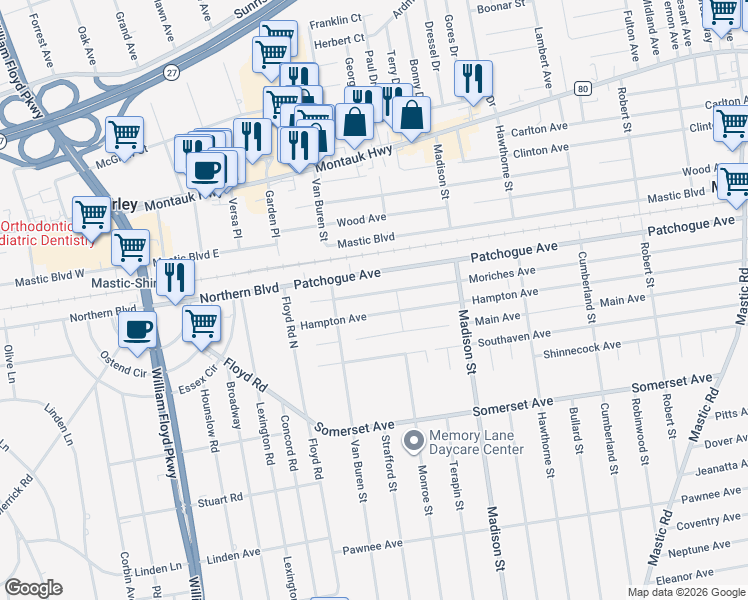 map of restaurants, bars, coffee shops, grocery stores, and more near 24 Moriches Avenue in Mastic
