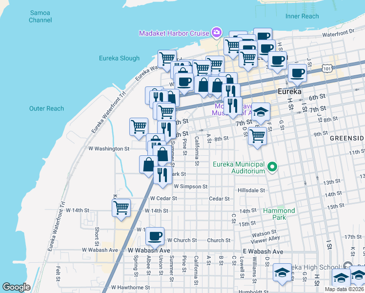 map of restaurants, bars, coffee shops, grocery stores, and more near 204 West Washington Street in Eureka