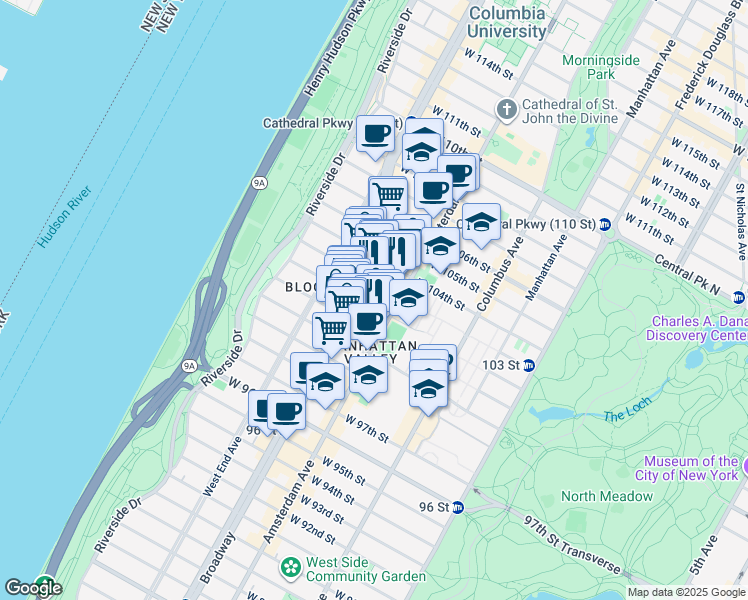 map of restaurants, bars, coffee shops, grocery stores, and more near 209 West 102nd Street in New York