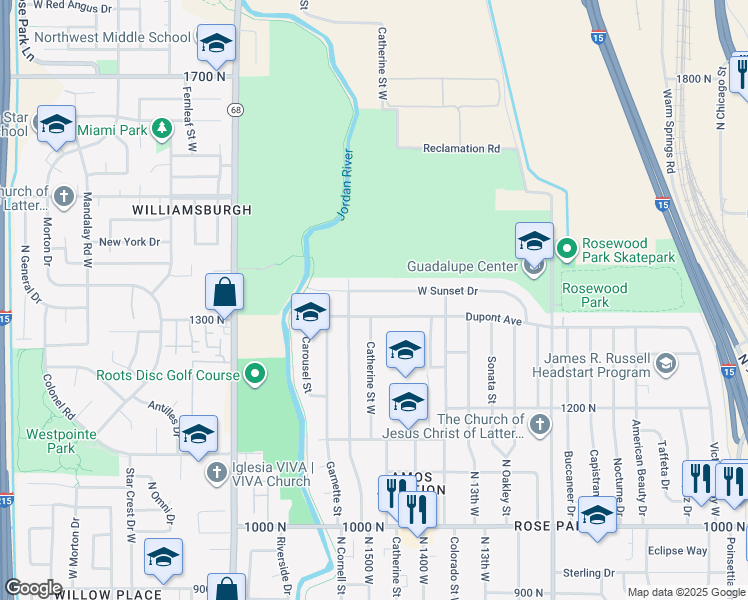map of restaurants, bars, coffee shops, grocery stores, and more near 1431 West Sunset Drive in Salt Lake City