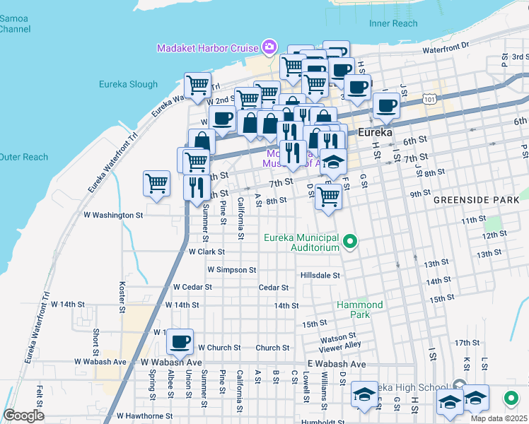 map of restaurants, bars, coffee shops, grocery stores, and more near 812 B Street in Eureka