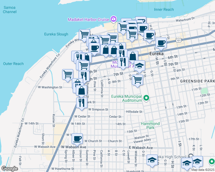 map of restaurants, bars, coffee shops, grocery stores, and more near 815 California Street in Eureka