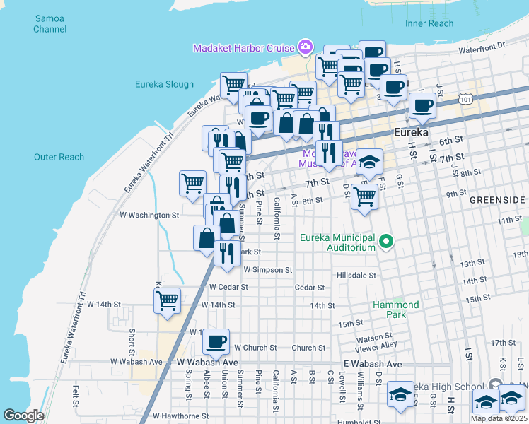 map of restaurants, bars, coffee shops, grocery stores, and more near 204 West Washington Street in Eureka