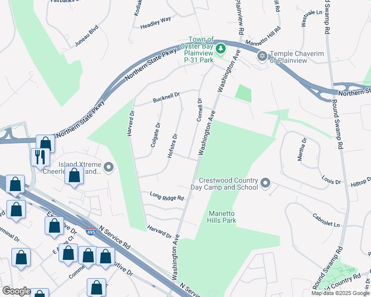 map of restaurants, bars, coffee shops, grocery stores, and more near 40 Hofstra Drive in Plainview