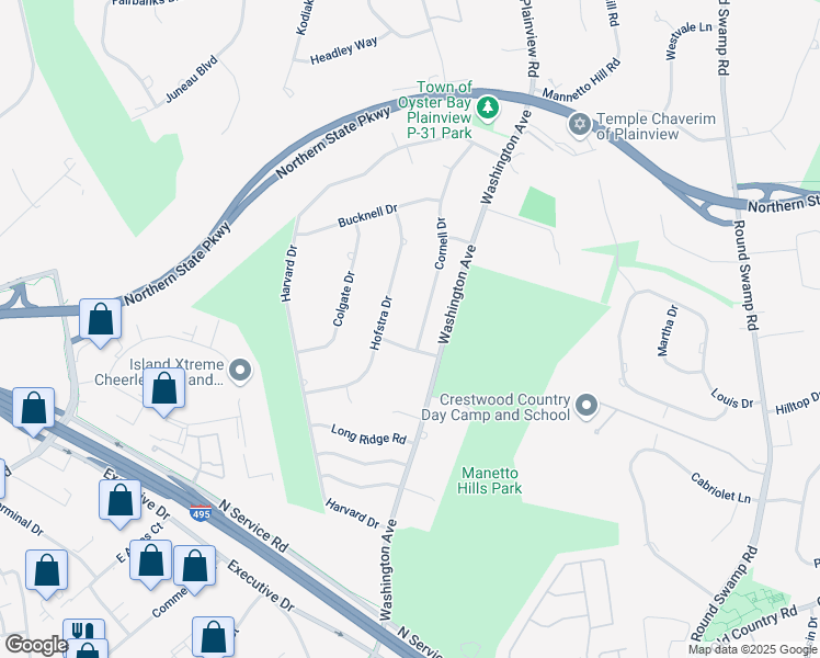 map of restaurants, bars, coffee shops, grocery stores, and more near 40 Hofstra Drive in Plainview