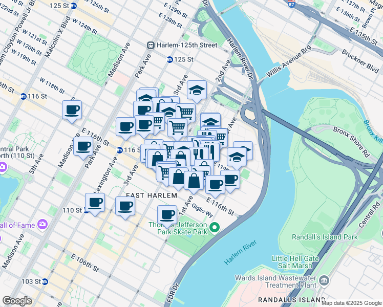 map of restaurants, bars, coffee shops, grocery stores, and more near 333 East 119th Street in New York