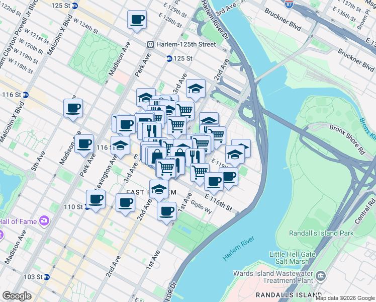 map of restaurants, bars, coffee shops, grocery stores, and more near in New York