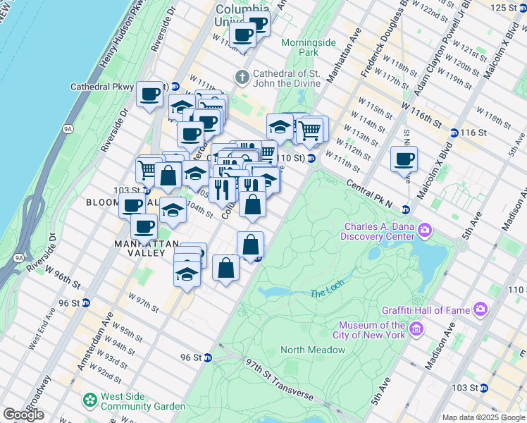 map of restaurants, bars, coffee shops, grocery stores, and more near 143-147 West 106th Street in New York