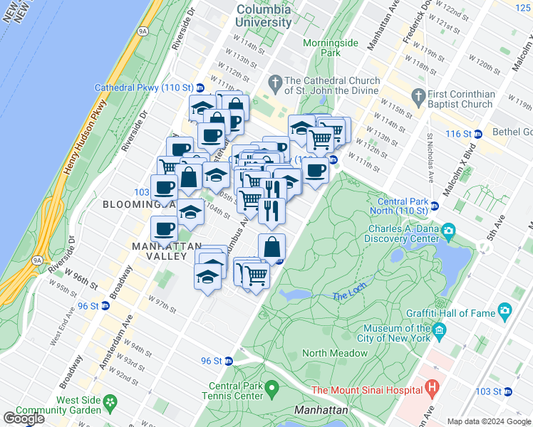 map of restaurants, bars, coffee shops, grocery stores, and more near 143-147 West 106th Street in New York