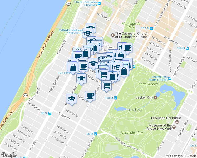 map of restaurants, bars, coffee shops, grocery stores, and more near in New York