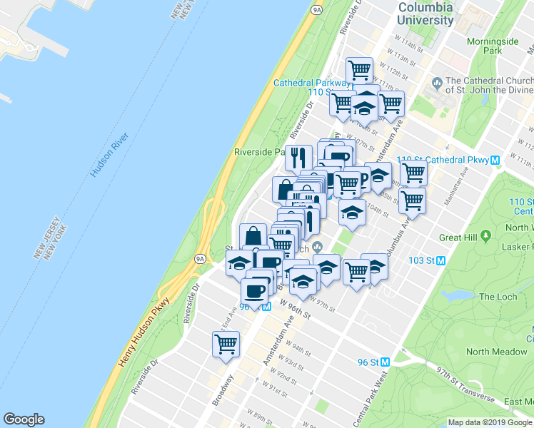 map of restaurants, bars, coffee shops, grocery stores, and more near 325 West 100th Street in New York