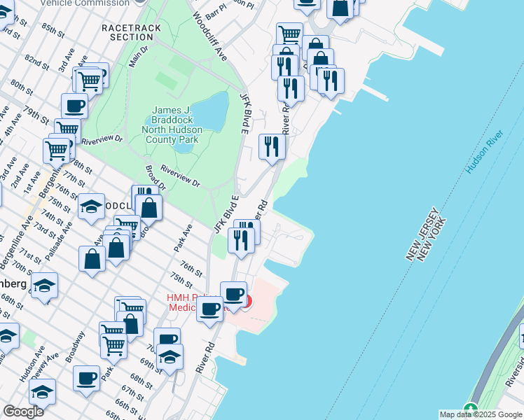 map of restaurants, bars, coffee shops, grocery stores, and more near 12760 River Road in North Bergen
