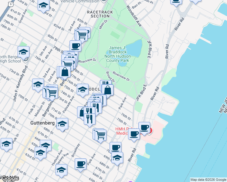 map of restaurants, bars, coffee shops, grocery stores, and more near 141 79th Street in North Bergen