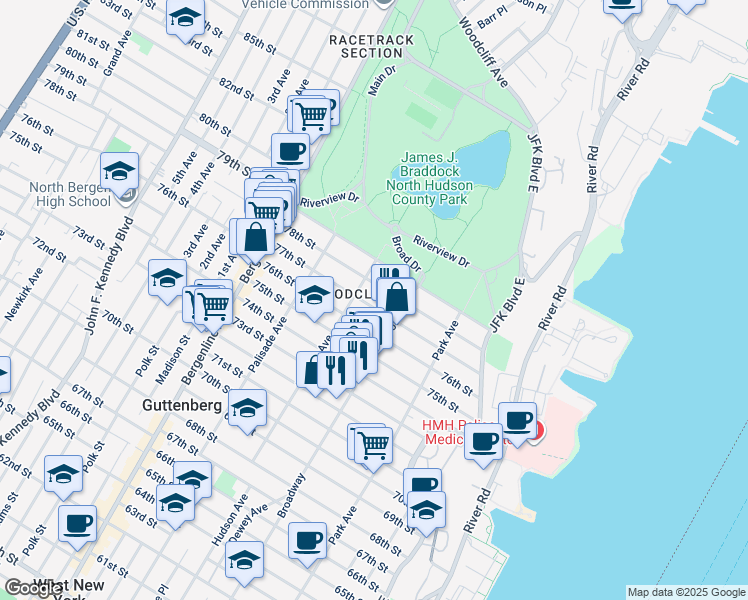 map of restaurants, bars, coffee shops, grocery stores, and more near 217 78th Street in North Bergen