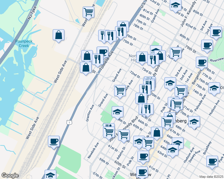 map of restaurants, bars, coffee shops, grocery stores, and more near 1461A 68th Street in North Bergen