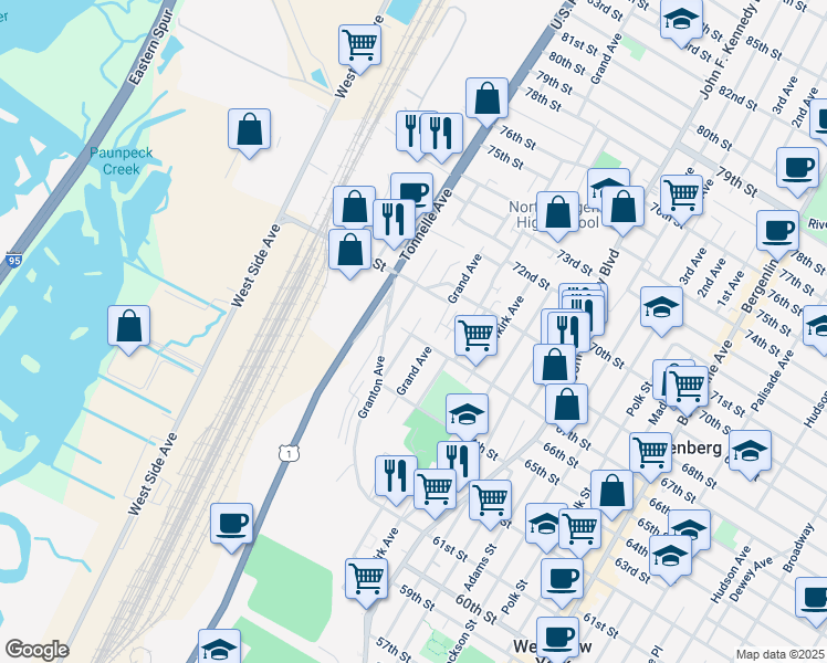 map of restaurants, bars, coffee shops, grocery stores, and more near 6611 Columbia Avenue in North Bergen
