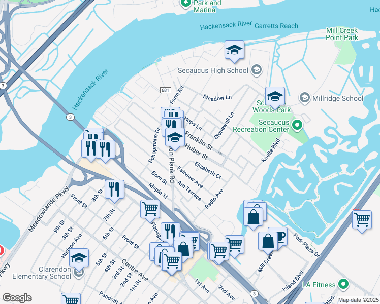 map of restaurants, bars, coffee shops, grocery stores, and more near 171 Huber Street in Secaucus