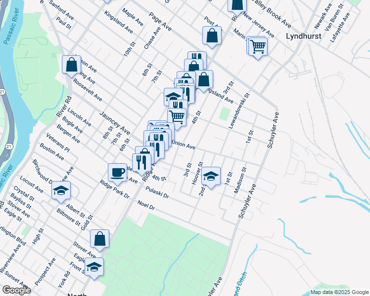 map of restaurants, bars, coffee shops, grocery stores, and more near 69 Union Avenue in North Arlington