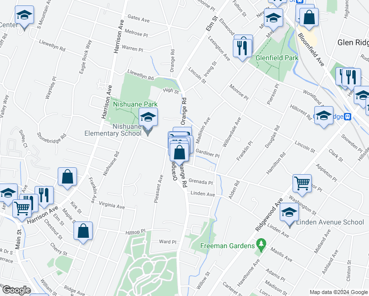 map of restaurants, bars, coffee shops, grocery stores, and more near 301 Orange Road in Montclair
