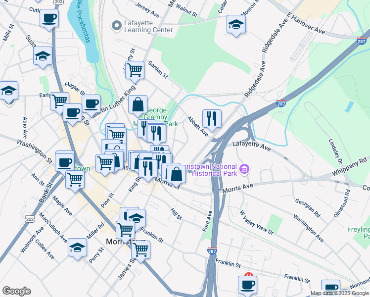 map of restaurants, bars, coffee shops, grocery stores, and more near 44 Ridgedale Avenue in Morristown