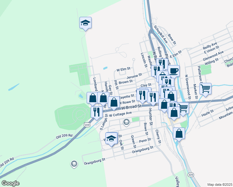 map of restaurants, bars, coffee shops, grocery stores, and more near 121 Gay Street in Tamaqua