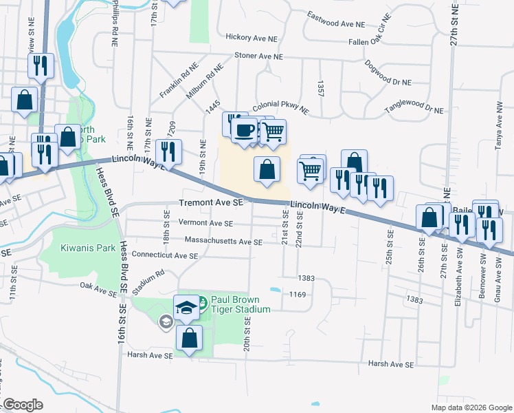 map of restaurants, bars, coffee shops, grocery stores, and more near 2005 Lincoln Way East in Massillon