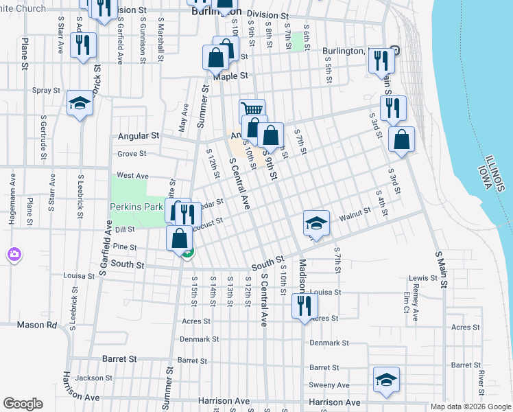 map of restaurants, bars, coffee shops, grocery stores, and more near 1008 Locust Street in Burlington