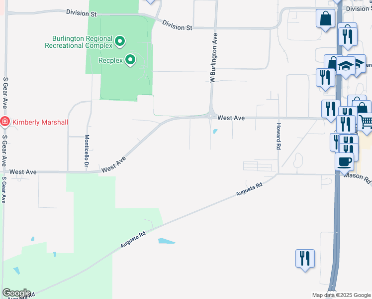 map of restaurants, bars, coffee shops, grocery stores, and more near 4051 West Avenue Road in Burlington