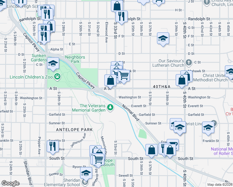 map of restaurants, bars, coffee shops, grocery stores, and more near 3325 A Street in Lincoln
