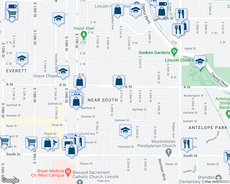 map of restaurants, bars, coffee shops, grocery stores, and more near 1418 South 20th Street in Lincoln
