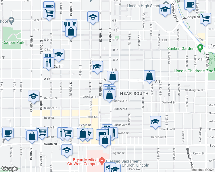 map of restaurants, bars, coffee shops, grocery stores, and more near 1622 Washington Street in Lincoln