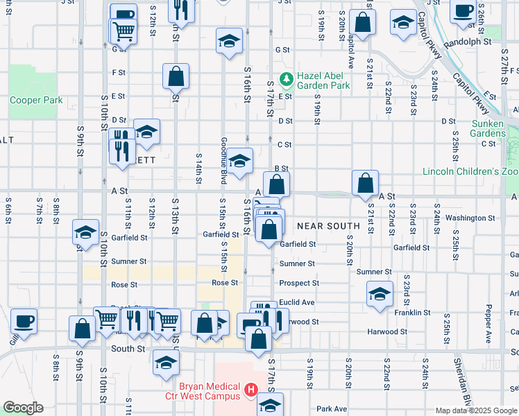map of restaurants, bars, coffee shops, grocery stores, and more near 1622 Washington Street in Lincoln