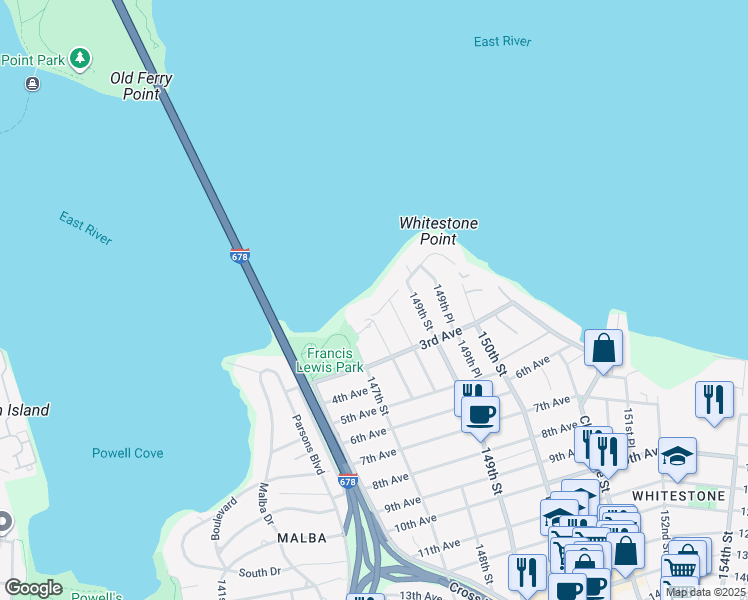 map of restaurants, bars, coffee shops, grocery stores, and more near 147-47 2nd Avenue in Queens