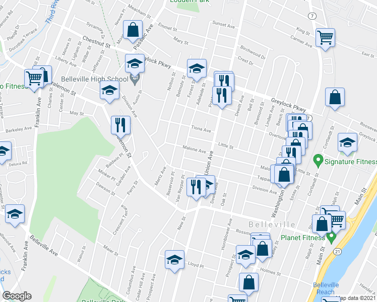 map of restaurants, bars, coffee shops, grocery stores, and more near 189 Malone Avenue in Belleville