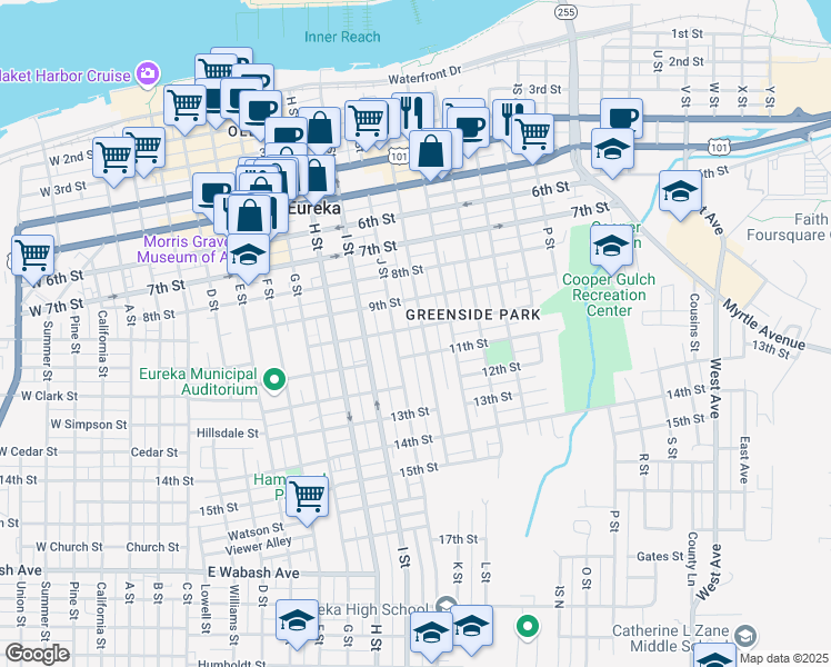 map of restaurants, bars, coffee shops, grocery stores, and more near 1004 K Street in Eureka
