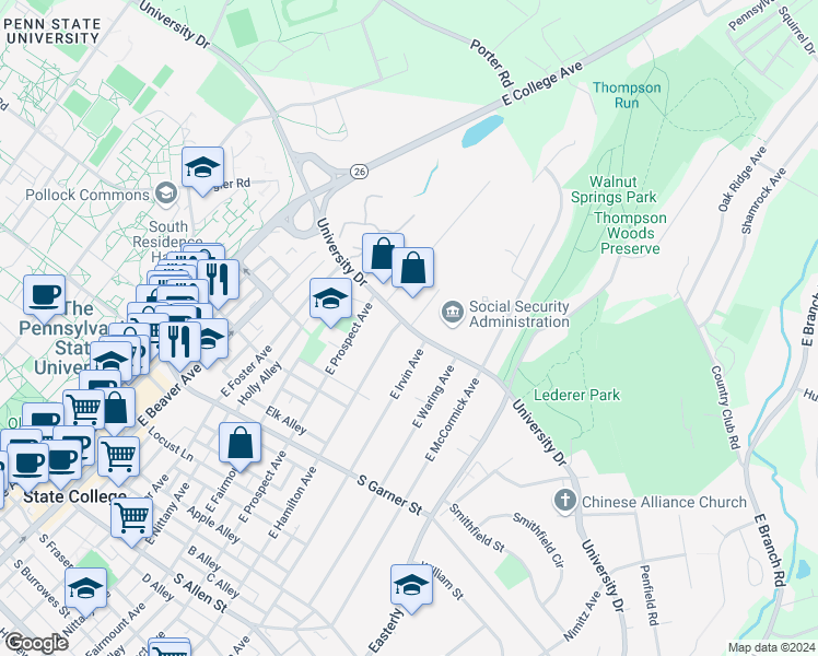 map of restaurants, bars, coffee shops, grocery stores, and more near 712 University Drive in State College