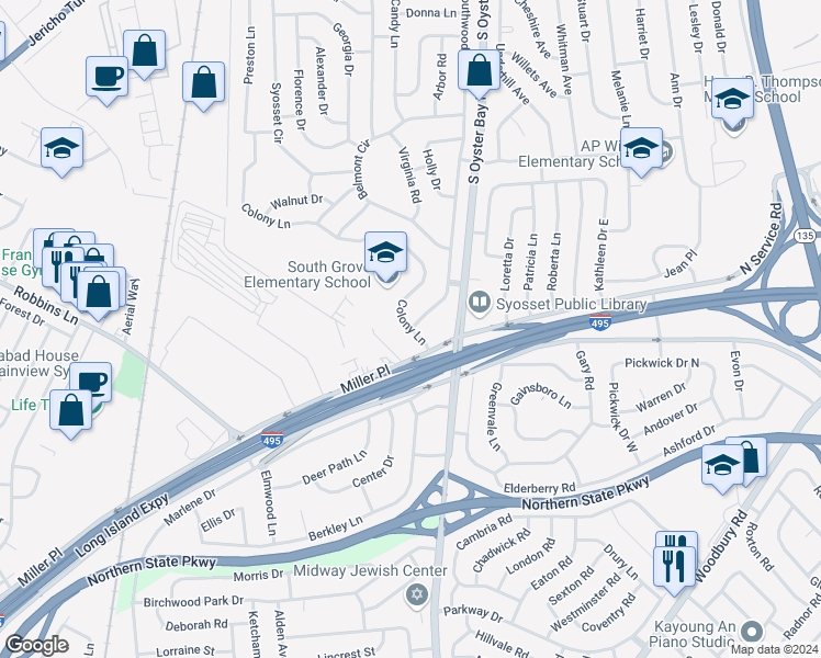 map of restaurants, bars, coffee shops, grocery stores, and more near Southwood Cir & Colony Ln in Syosset