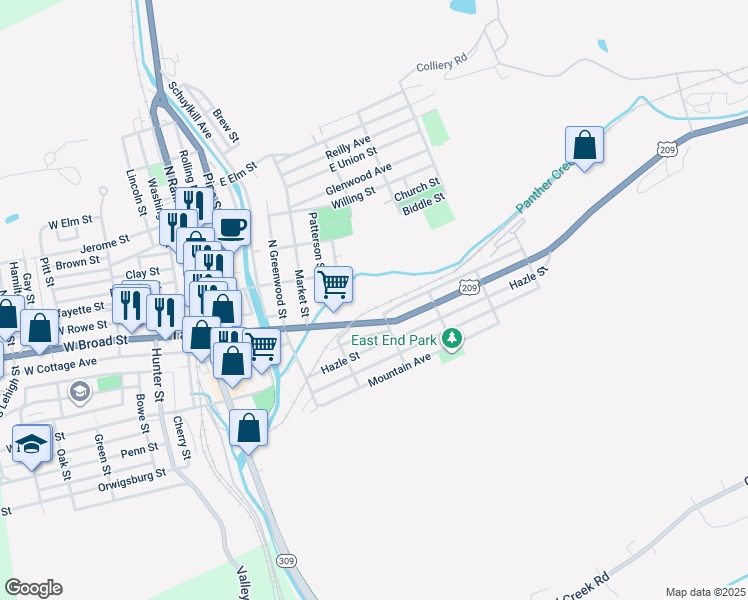 map of restaurants, bars, coffee shops, grocery stores, and more near 427 East Broad Street in Tamaqua