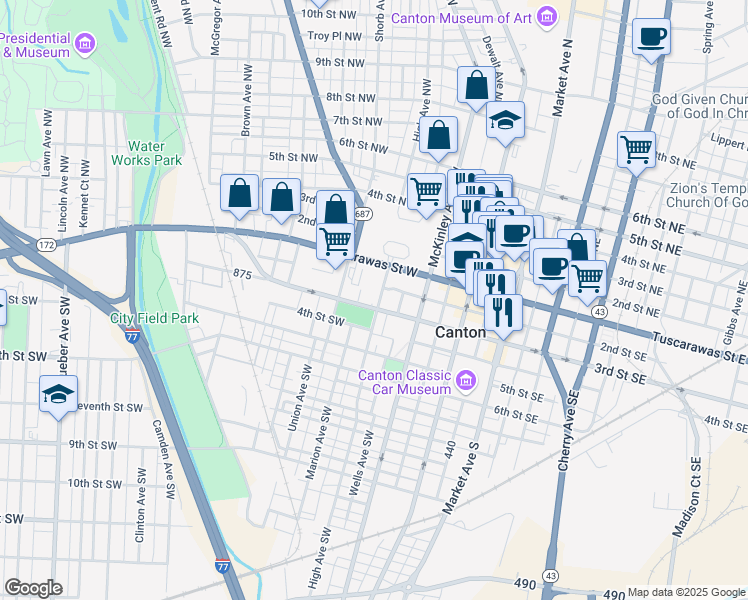 map of restaurants, bars, coffee shops, grocery stores, and more near 209 High Avenue Southwest in Canton