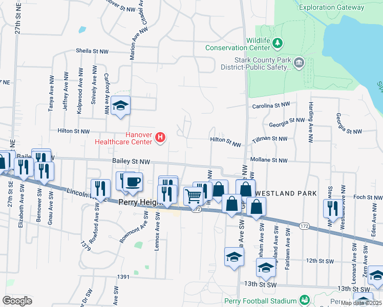 map of restaurants, bars, coffee shops, grocery stores, and more near 3400 Bailey Street Northwest in Massillon
