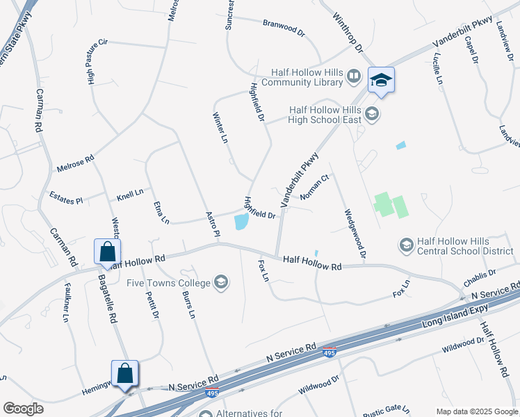 map of restaurants, bars, coffee shops, grocery stores, and more near 4 Highfield Drive in Dix Hills
