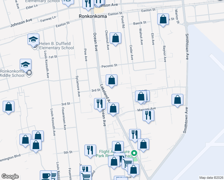 map of restaurants, bars, coffee shops, grocery stores, and more near 2111 Lakeland Avenue in Ronkonkoma