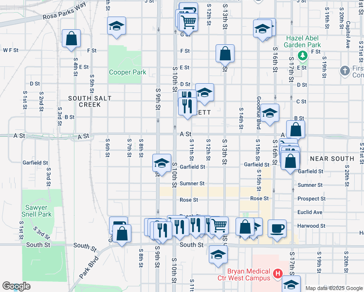 map of restaurants, bars, coffee shops, grocery stores, and more near 1020 Washington Street in Lincoln