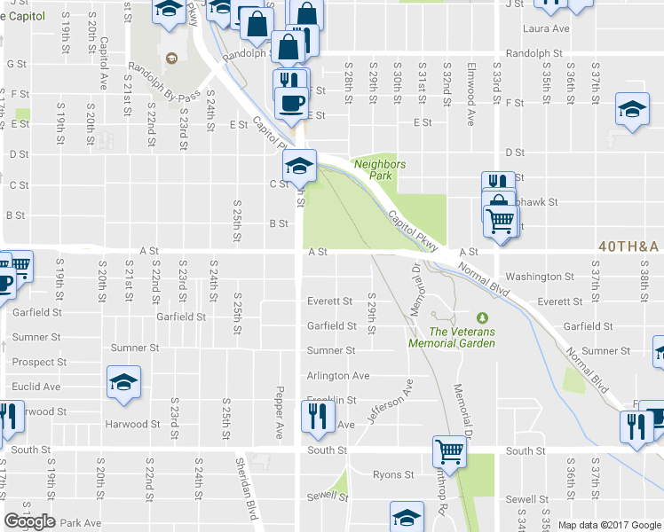 map of restaurants, bars, coffee shops, grocery stores, and more near 1425 South 28th Street in Lincoln