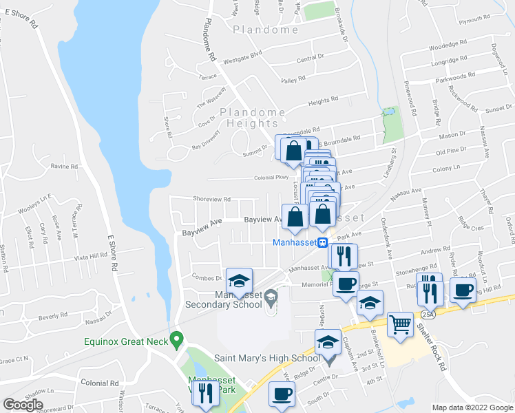 map of restaurants, bars, coffee shops, grocery stores, and more near 16 Cambridge Lane in Manhasset