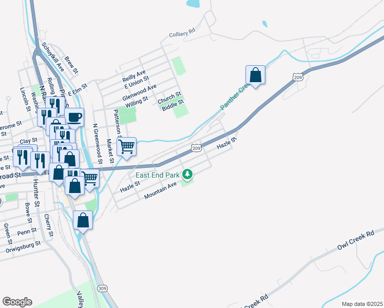 map of restaurants, bars, coffee shops, grocery stores, and more near 628 1/2 East Broad Street in Tamaqua
