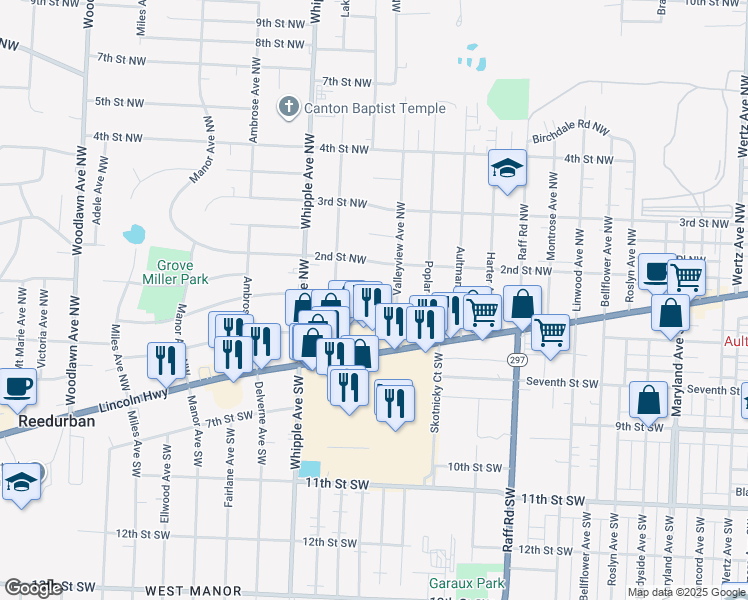 map of restaurants, bars, coffee shops, grocery stores, and more near 148 Hilltop Drive Northwest in Canton