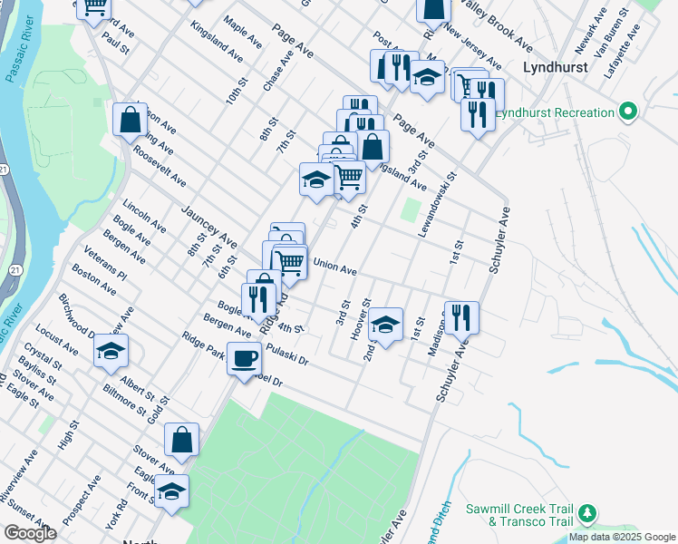 map of restaurants, bars, coffee shops, grocery stores, and more near 69 Union Avenue in North Arlington